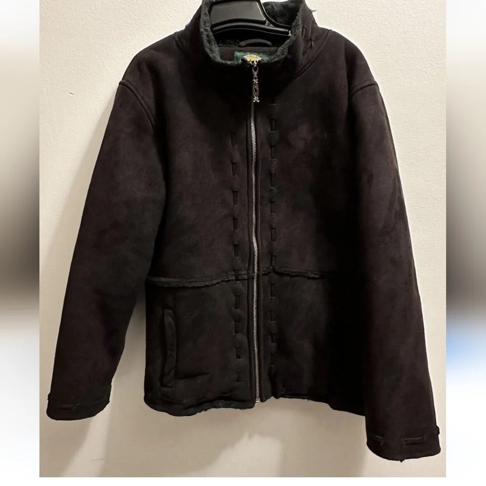 Cabela's Black Suede Women's Coat Faux Fur Lined Pockets Full Zip. Sz LR